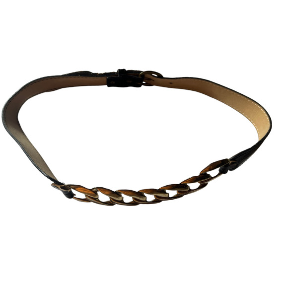 Vintage 90s Black Faux Crocodile Belt with Gold Chain Detail Size Small - Picture 2 of 5